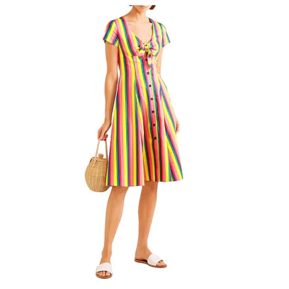 STAUD Alice Tie-front Striped Stretch-cotton Poplin Dress In Pink Stripe